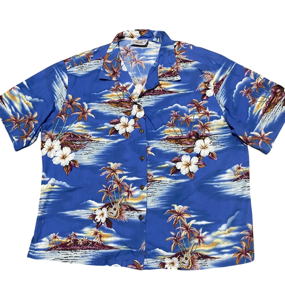 Pacific Legend Hawaii Mens XL Blue Tropical Palm Hibiscus Aloha Shirt Cotton